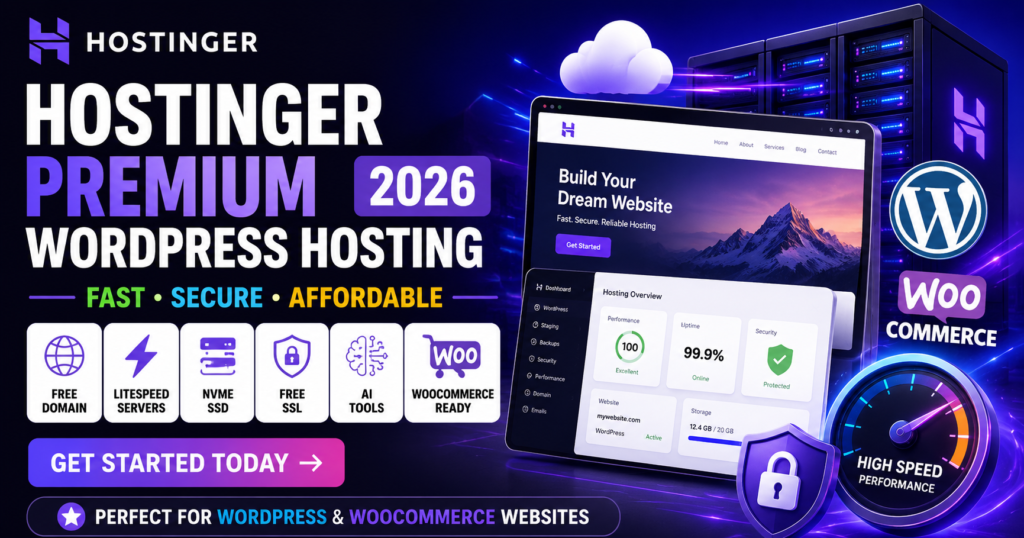 Discover why Hostinger Premium WordPress Hosting is one of the best hosting solutions for WordPress and WooCommerce in 2026. Fast LiteSpeed servers, free SSL, AI tools, backups, and affordable pricing.