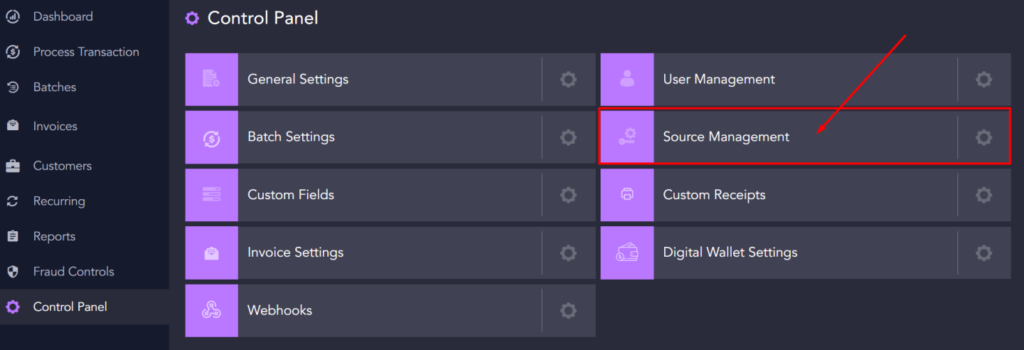 accept.blue Source Key and PIN Source Management screen
