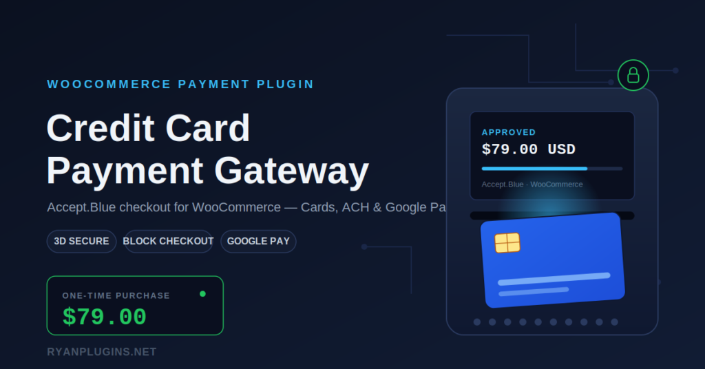 WooCommerce credit card payment gateway plugin banner showing secure checkout terminal
