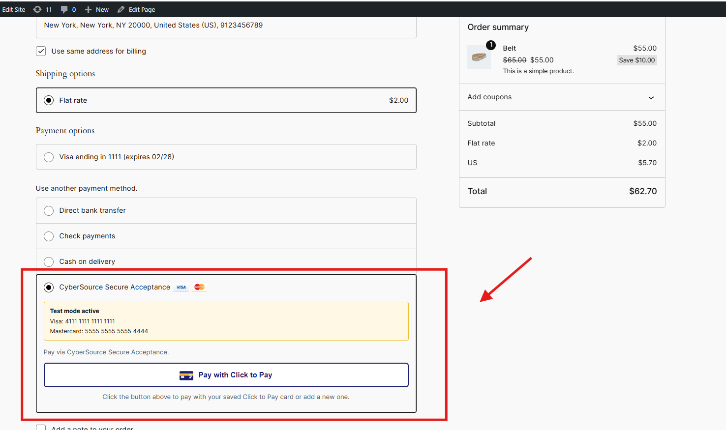 Click to Pay checkout preview, screen one