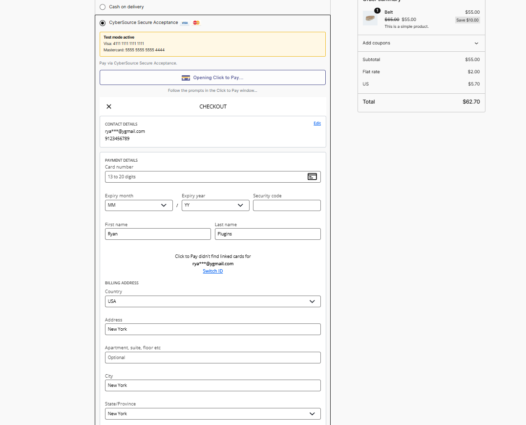 Click to Pay checkout preview, screen two