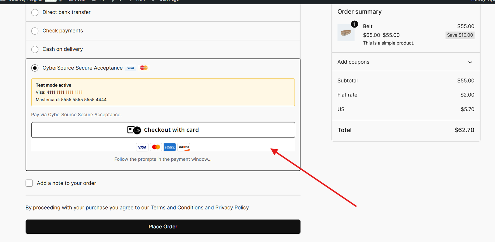 Unified Checkout cards-only preview, screen one