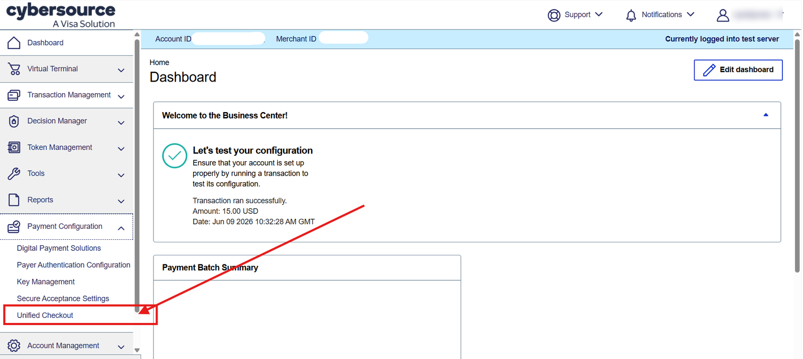Cybersource Unified Checkout option in the Business Center dashboard menu