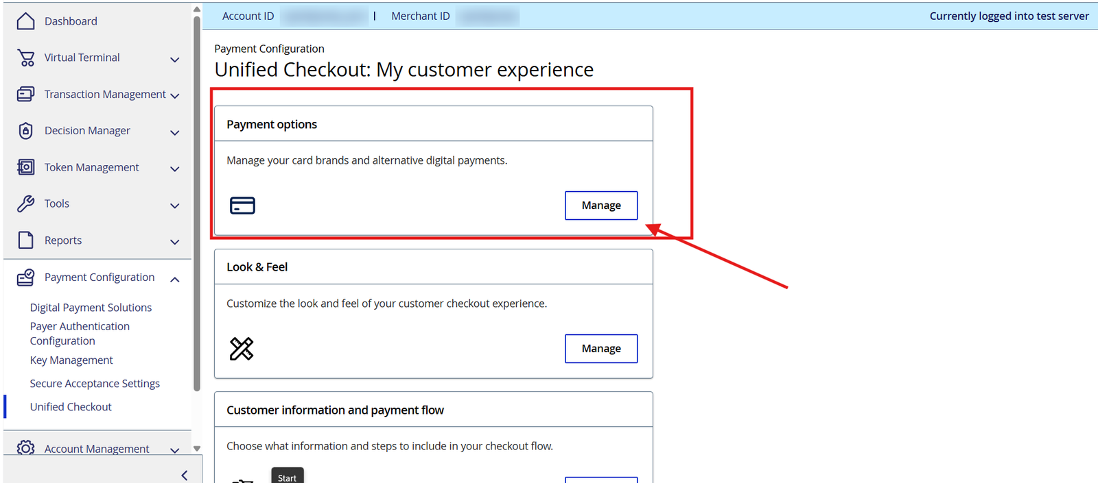 Unified Checkout Payment Options menu with Manage button