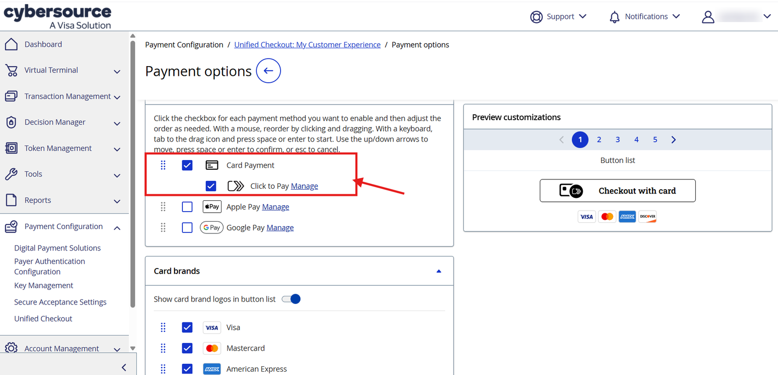 Card payment and Click to Pay checkboxes selected