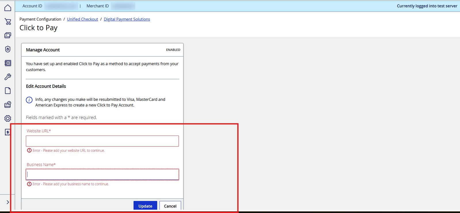Payment details form in Cybersource Business Center