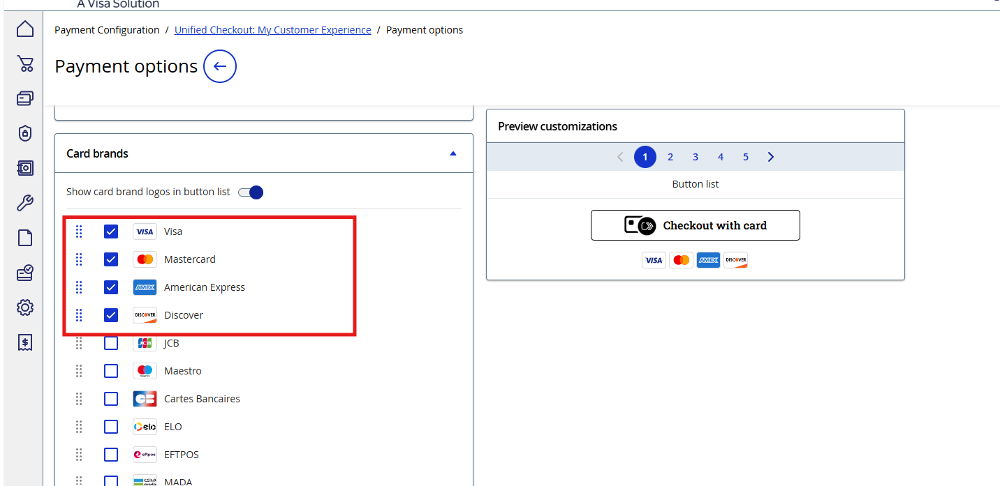 Card brand selection with Save and Publish button