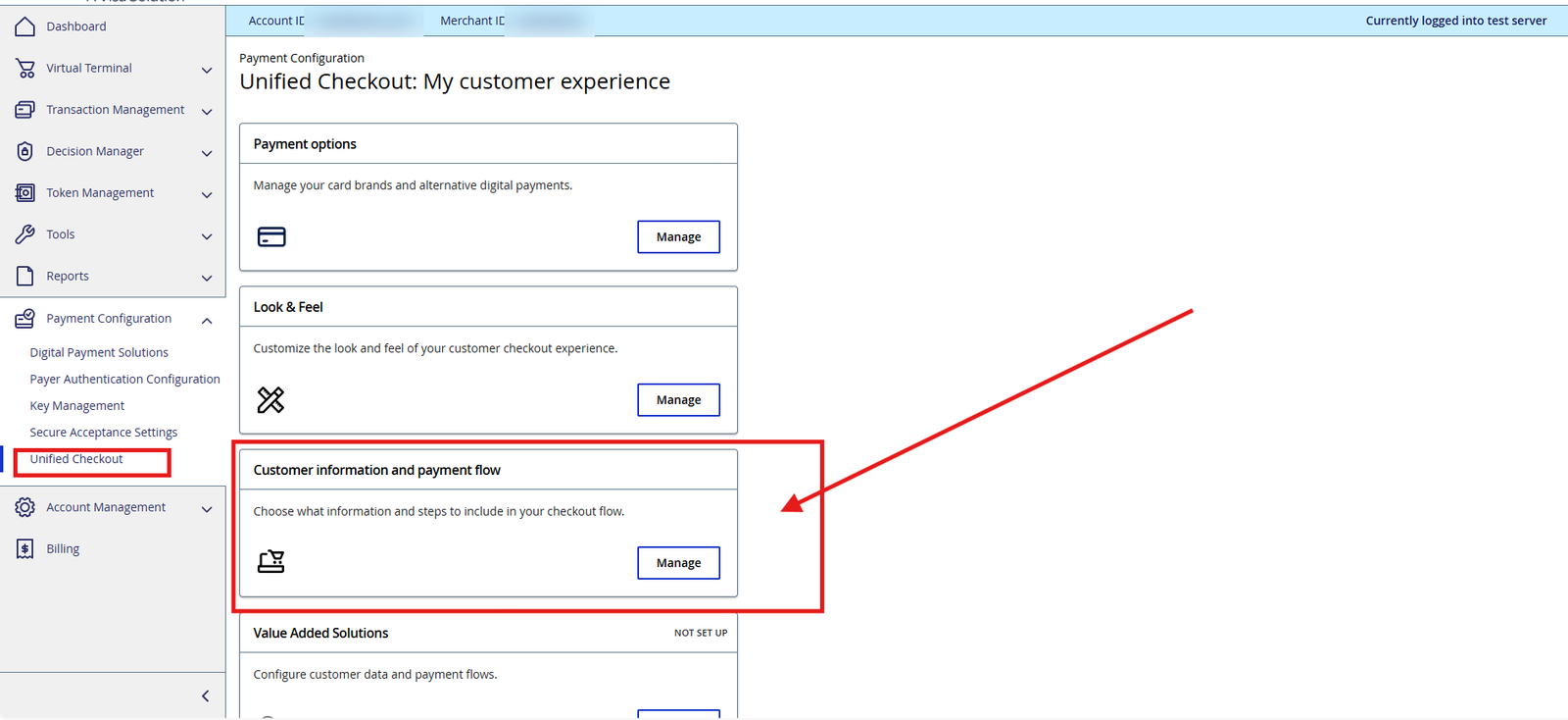 Customer Information and Payment Flow settings menu