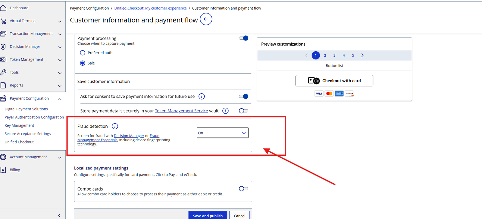 Fraud protection toggle enabled in Cybersource