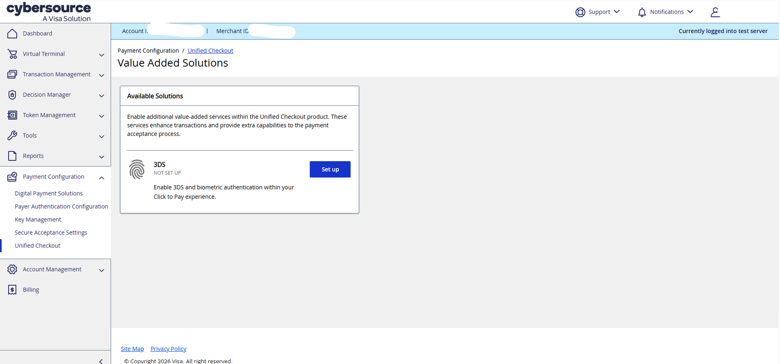 3D Secure setup screen in Cybersource Business Center