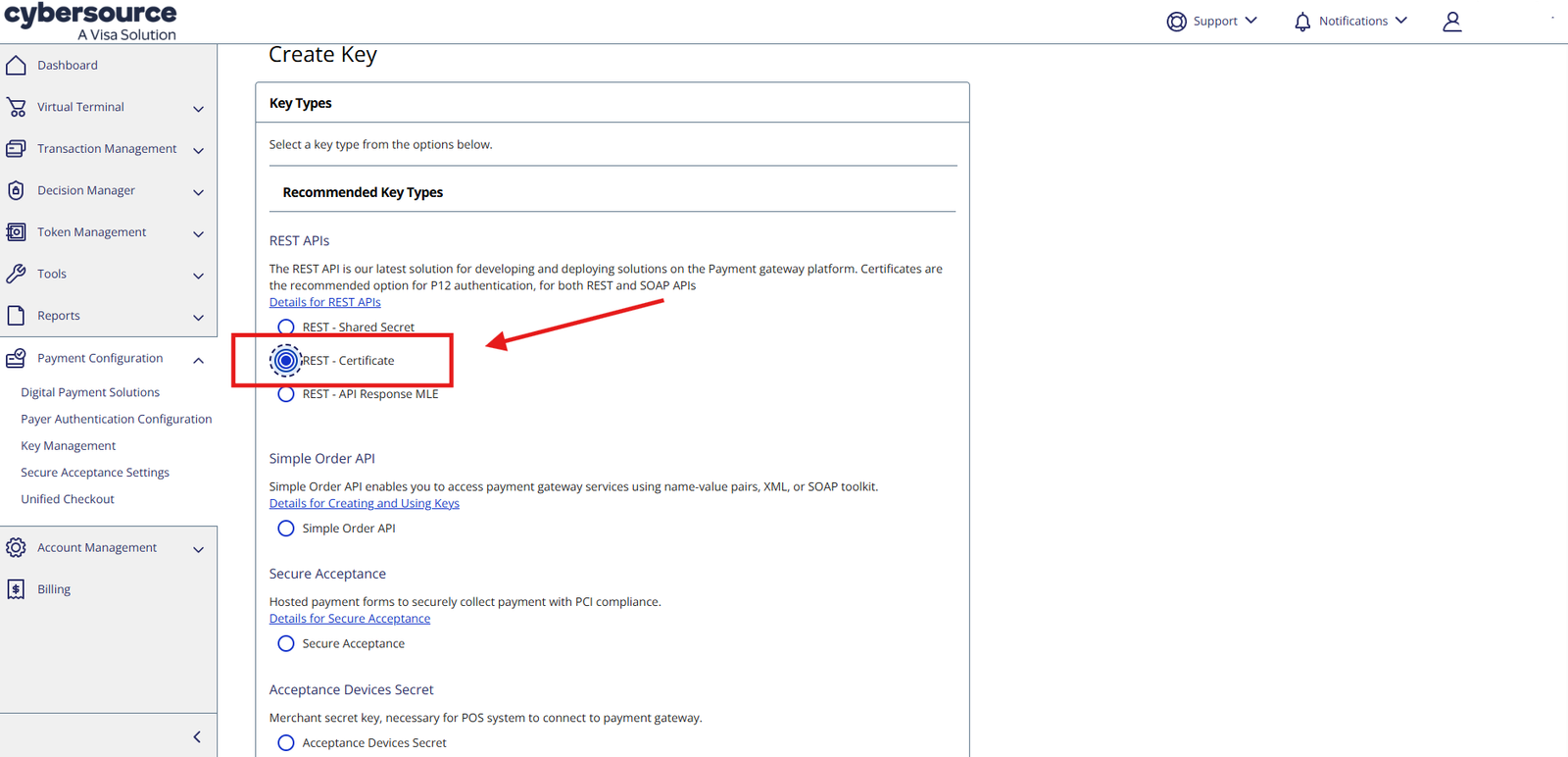 REST API certificates screen with Generate button