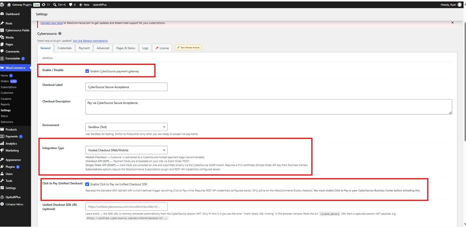 Click to Pay settings in the WooCommerce Cybersource plugin