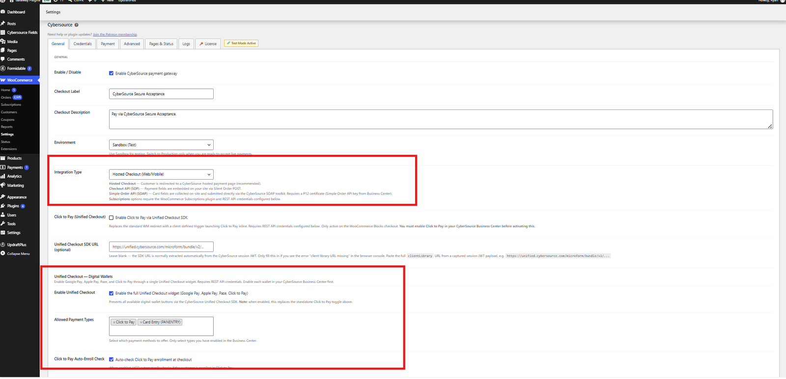 Unified Checkout settings in the WooCommerce Cybersource plugin