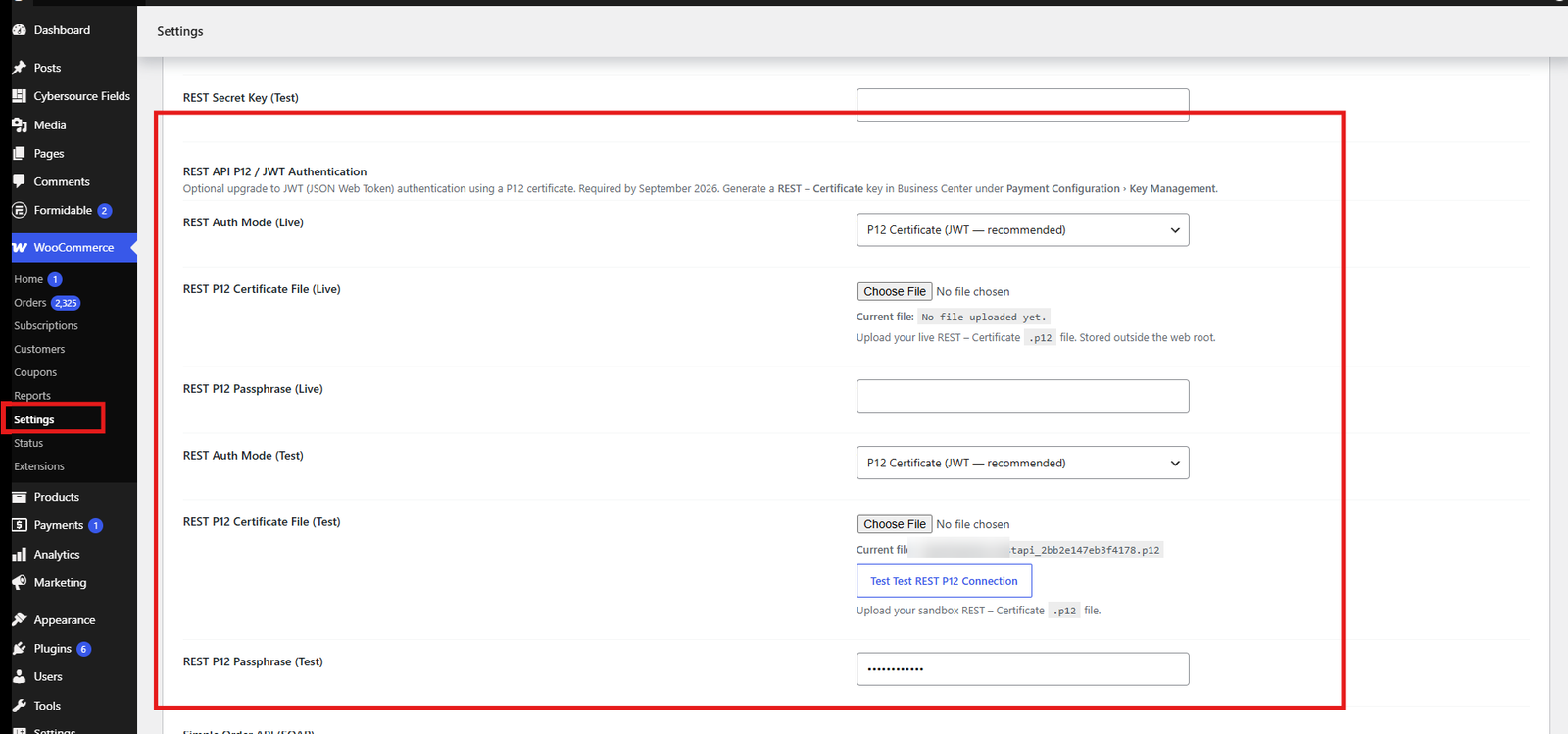 REST P12 certificate credentials form in WooCommerce
