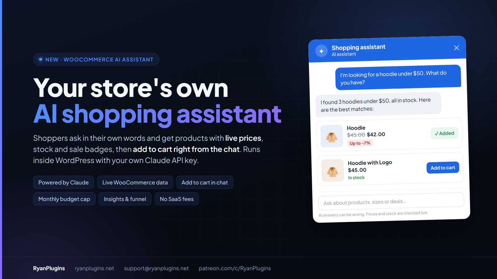 WooCommerce AI shopping assistant chat showing a hoodie with a sale price and an Added to cart button