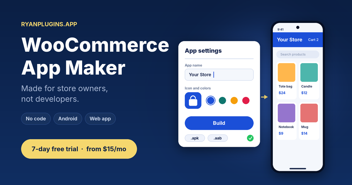 WooCommerce app maker: set your app name, icon and colors, then build the app