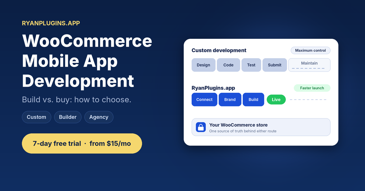 WooCommerce mobile app development: custom build steps compared with RyanPlugins.app