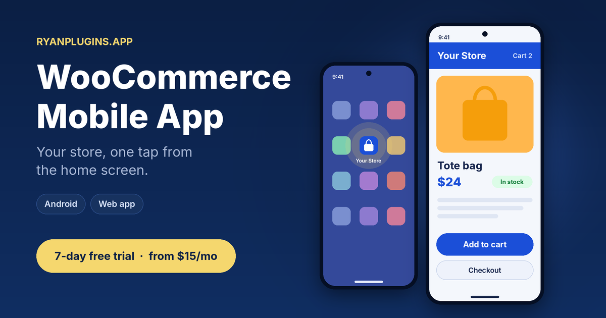 WooCommerce mobile app: customer taps the store icon on the home screen and opens a product